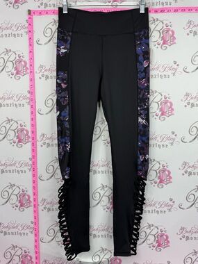 Adore Me leggings tights cut outs side Black Leggings with Purple Floral Panels